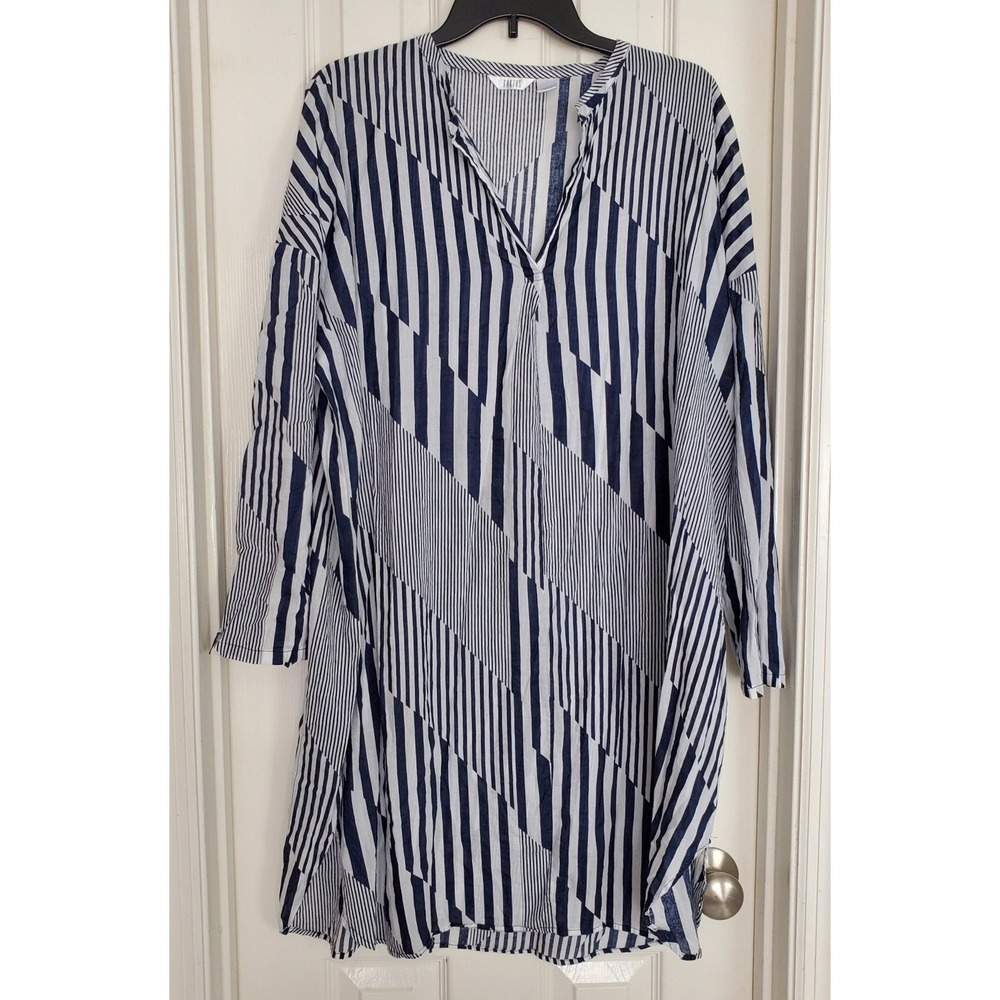Kaktus Tunic Dress Blue White Striped Geometric Cotton Boho Large